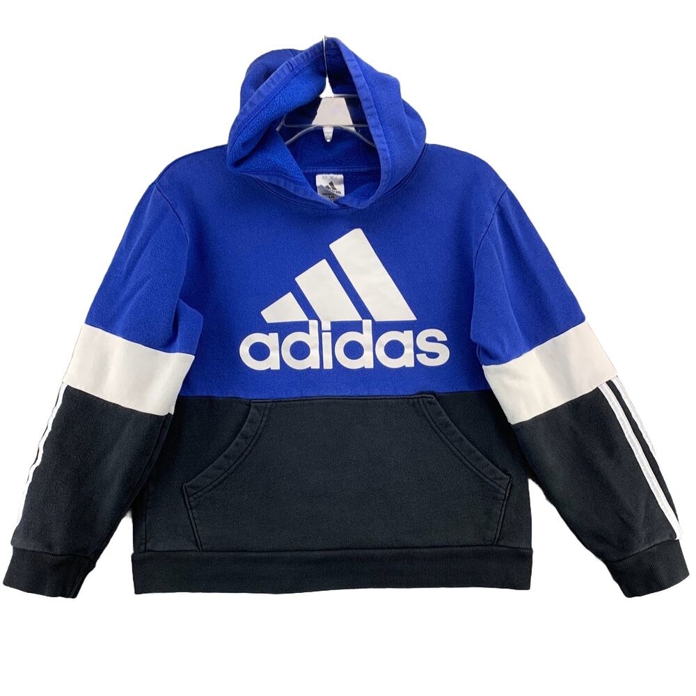 Adidas Hoodie Boys Size Large Sweatshirt Blue with Kangaroo Pockets Long Sleeve